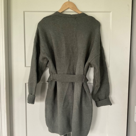 Forever 21 Belted Longline Cardigan Sweater Duster Olive Green Pockets Large - Picture 2 of 9